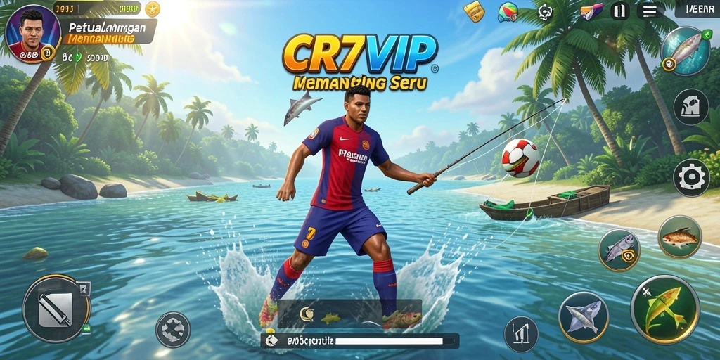 Screenshot CR7VIP menampilkan pemain menangkap ikan dengan latar belakang yang indah.