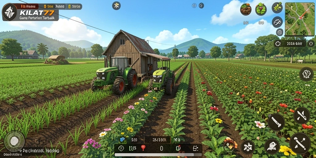 Tangkapan layar gameplay KILAT77 menunjukkan aksi seru di lahan pertanian.