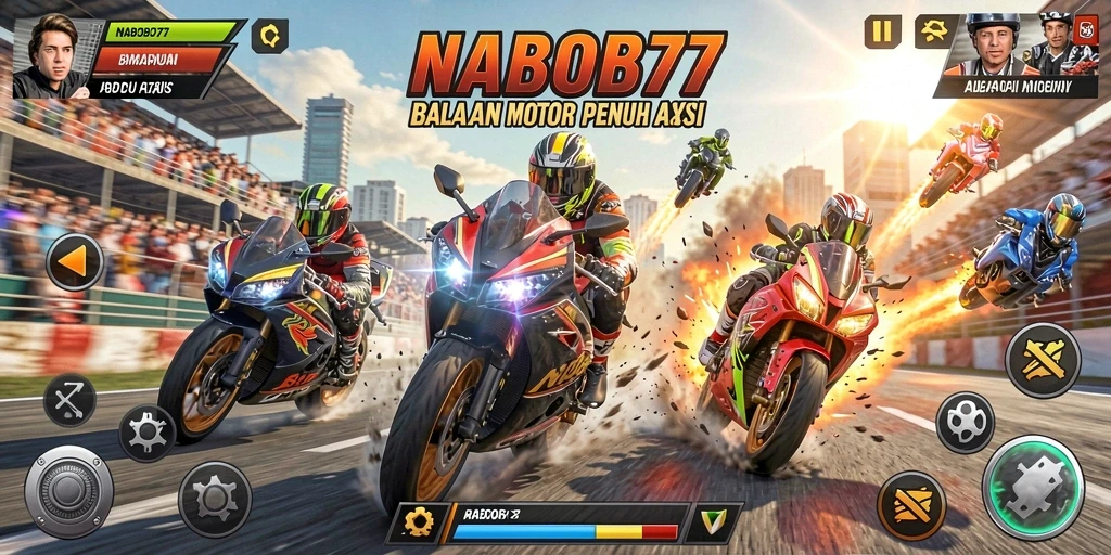 Screenshot permainan NABOB77 menampilkan balapan motor yang intens.