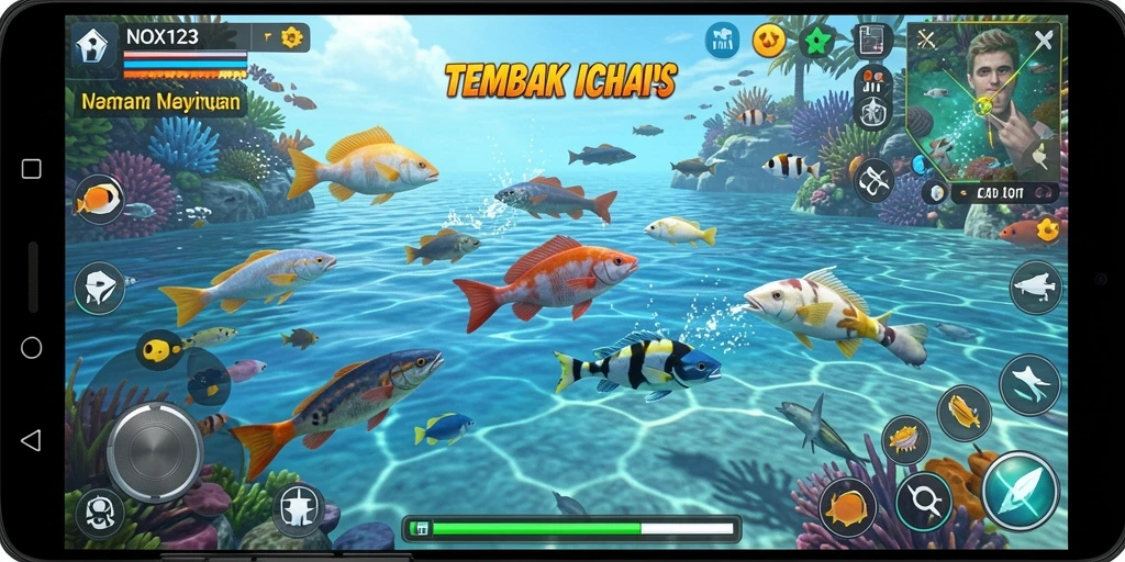Screenshot gameplay NOX123 menampilkan serunya menangkap ikan.