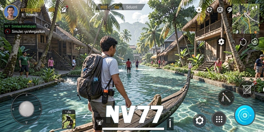 Screenshot NV77 menampilkan karakter dalam momen interaksi sosial penuh warna.